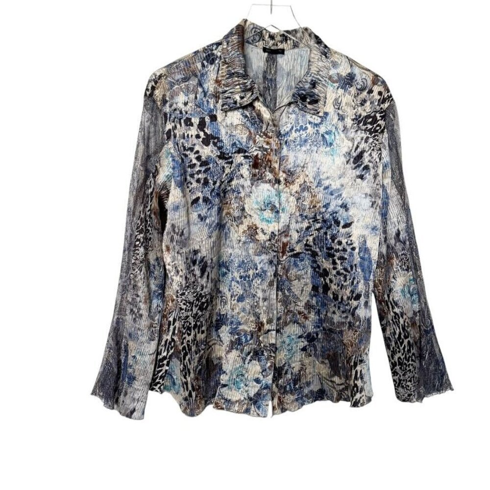 KOMAROV Blue Watercolor Ruffle Bell Sleeve Crinkle Blouse lace size Medium shirt